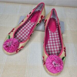 Sperry Woven Rattan Floral Embroidered Pink Beaded & Raffia Slip On Ballet Flats